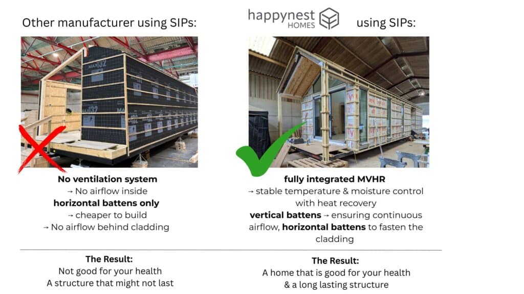 A comparison of the SIPs quality and building practise of Happynest Homes and another manufacturer.