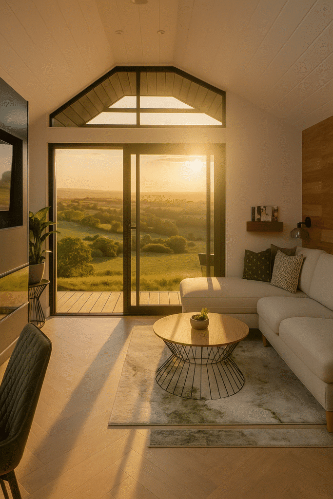 View of rolling green hills seen through the large windows of the Floya single-unit residential mobile home.