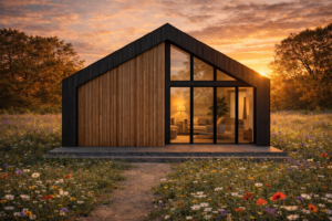 Bespoke timber cabin design with large glazing in sunset meadow setting