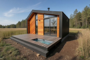 Couples luxury wellness retreat cabin with large glazing